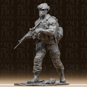 May include: A gray resin figurine of a soldier in combat gear, holding a rifle. The figure is detailed with a helmet, tactical vest, and backpack. The soldier is posed in a dynamic stance on a textured base.