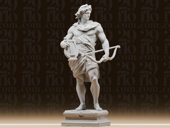 Greek God Apollo Statue - Classical Mythology Figure - Olympian Deity with Lyre and Bow - Historic Desktop Art by 29floDesign