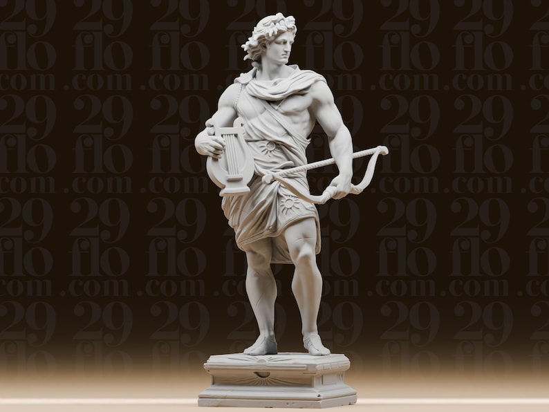 Grekisk gud Apollo-staty - Klassisk mytologifigur - Olympisk gudom med lyra och båge - Historisk skrivbordskonst bild 1