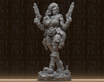 Sci-Fi Heroine Statue - Dual Pistol Warrior - Female Bounty Hunter - Cyberpunk Tabletop Figure - 3D Printed Resin