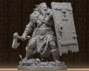 Barbarian Warrior Statue - Muscular Fighter with Door Shield - RPG Tabletop Miniature - Fantasy Berserker - 3D Printed Resin Model