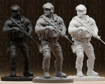 May include: Three grey-toned statues of a soldier in combat attire. Each figure is holding a rifle and wearing a helmet, tactical vest, and trousers. The statues are mounted on individual bases.