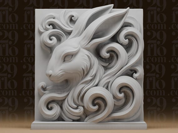 Rabbit Chinese Zodiac Plaque - Rabbit Bas Relief Sculpture - Resin Wall Decor - 3D Printed Zodiac Art - Collectible Gift by 29floDesign