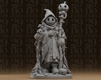 Statue des Kürbiswanderers mit Kapuze und Jack-O'-Lantern-Stab