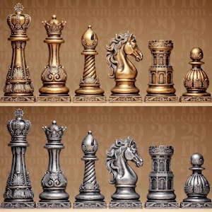 Op de afbeelding: Een set van zes gouden en zes bijpassende zilveren schaakstukken. Elke set bevat een koning, koningin, loper, paard, toren en pion. De stukken zijn voorzien van gedetailleerd snijwerk met een metallic afwerking en vierkante voetstukken.
