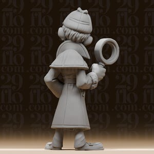 May include: A gray figurine of a detective, wearing a hat and trench coat, holding a magnifying glass. The figure is standing with its back to the viewer. The background has a repeating pattern of the numbers "29".
