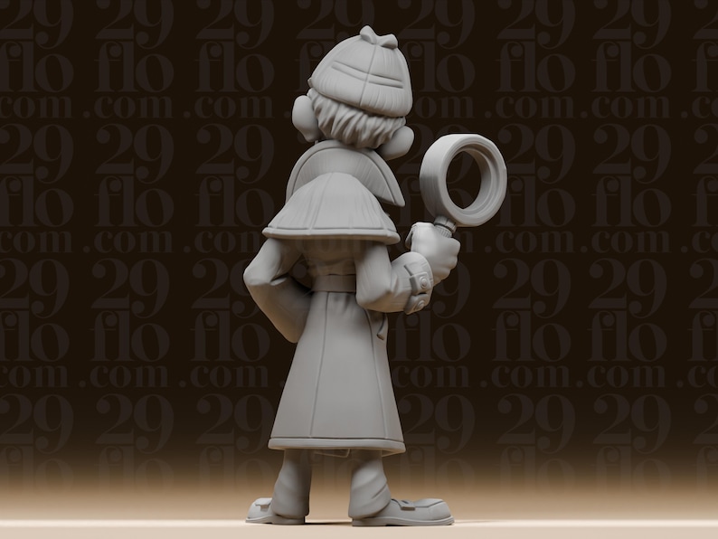 May include: A gray figurine of a detective, wearing a hat and trench coat, holding a magnifying glass. The figure is standing with its back to the viewer. The background has a repeating pattern of the numbers "29".