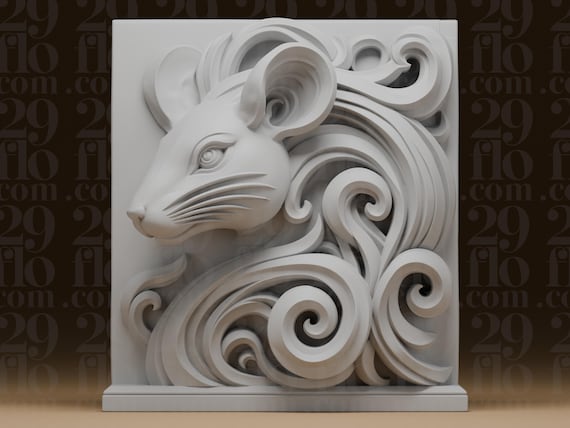 Rat Chinese Zodiac Bas Relief - Decorative Plaque Sculpture - Symbolic Wall Decor - 3D Printed Resin Art - Zodiac Gift by 29floDesign