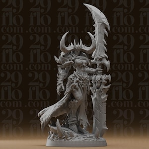 May include: A grey, unpainted resin miniature of a horned warrior figure standing on a rocky base. The figure wears ornate, spiked armor and holds a large, jagged blade that rests on the ground. The design features intricate details.
