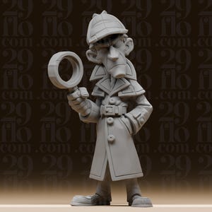 May include: A gray figurine of a detective, wearing a trench coat and hat, holding a magnifying glass. The figure has a stern expression and is in a standing pose. The background is a repeating pattern of the text "29 flo".