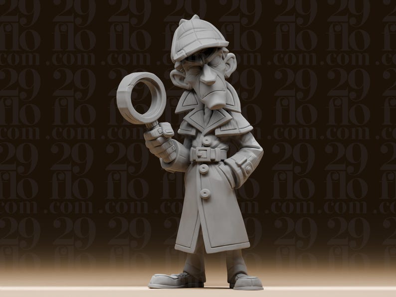 May include: A gray figurine of a detective, wearing a trench coat and hat, holding a magnifying glass. The figure has a stern expression and is in a standing pose. The background is a repeating pattern of the text "29 flo".