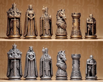Juego de piezas de ajedrez medieval, piezas de resina personalizadas impresas en 3D para caballeros y reyes, juego de mesa clásico de castillo pintado a mano, regalo para amantes de la historia