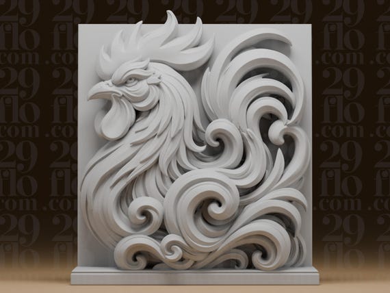 Rooster Chinese Zodiac Plaque - Rooster Bas Relief Sculpture - Resin Wall Decor - 3D Printed Zodiac Art - Collectible Gift by 29floDesign