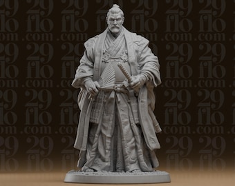 Statue des älteren Ronin-Strategen – Japanischer Samurai-Meister mit Kriegsfächer – Kunstharzskulptur