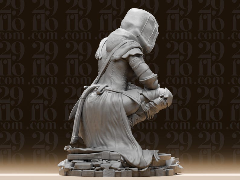 May include: A grey figurine of a person kneeling, wearing a hooded cloak and armour. The figure is posed on a stone base, with intricate details in the clothing and armour. The background has a repeating pattern of the numbers "29" and the word "flo".