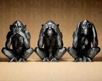 Three Wise Monkeys Set Geometric Low Poly 3D Printed Figures, Figurines Gift Home Decoration