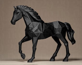 May include: A black, geometric horse sculpture with a low-poly design. The horse is standing on all four legs with its head turned to the side.