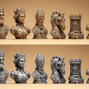 Sierlijke koninklijke schaakset, aangepaste 3D-gedrukte hars barokke schaakstukken, handgeschilderde goudzilveren schaakstukken, luxe bordspelcadeau