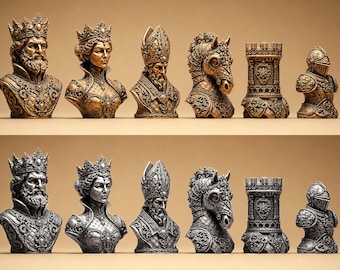 Ornate Royal Chess Set, Custom 3D Printed Resin Baroque Chess Pieces, Hand Painted Gold Silver Chessmen, Luxury Board Game Gift