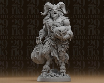 Statue des gehörnten Krampus mit Kürbislaterne – Dunkle Fantasy-Monsterfigur