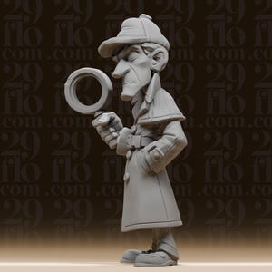 May include: A gray figurine of a detective holding a magnifying glass. The detective wears a hat and trench coat, with a stern expression. The background has a repeating pattern of the text "flo 29".