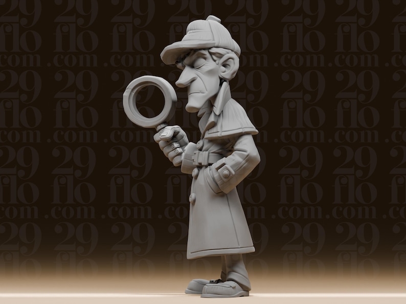May include: A gray figurine of a detective holding a magnifying glass. The detective wears a hat and trench coat, with a stern expression. The background has a repeating pattern of the text "flo 29".