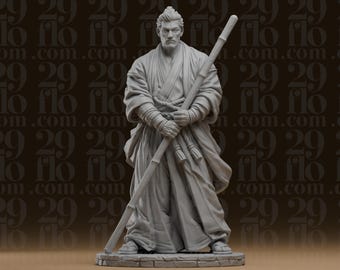 Statue eines wandernden Samurai-Mönchs – Japanischer Bo-Stab-Krieger – Kunstharzskulptur
