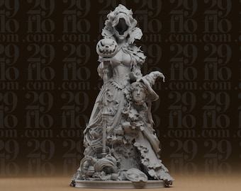 Hexenstatue mit hohlem Gesicht und Kürbisstab – Gothic-Halloweenfigur