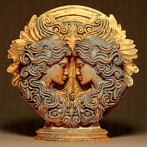 Op de afbeelding: Een gedetailleerde, goudkleurige sculptuur met twee tegenover elkaar liggende vrouwelijke figuren met vloeiend haar. De figuren staan tegen een cirkelvormige achtergrond met sierlijke details, gemonteerd op een decoratieve basis. Het kunstwerk heeft een klassieke, antieke esthetiek.