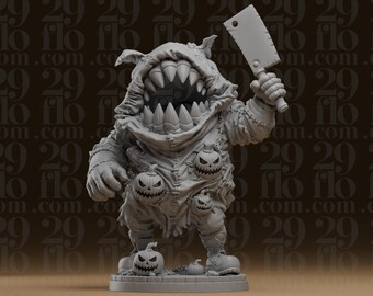 Halloween-Sackmonster-Statue mit Hackbeil und grinsenden Kürbissen