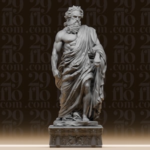 May include: A gray statue of a muscular, bearded man draped in cloth, standing on a detailed pedestal. The statue has a classical style, with intricate details in the clothing and facial features. The background has a repeating pattern of the text "flo 29".