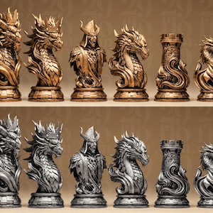 Könnte beinhalten: Ein Schachspiel mit Fantasy-Motiven. Die Figuren sind gold- und silberfarben und zeigen Drachen- und Burgmotive. Das Schachspiel enthält einen Läufer, einen Turm, einen Springer und einen König.