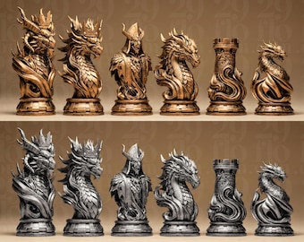 May include: A set of chess pieces with a fantasy theme. The pieces are gold and silver, featuring dragon and castle designs. The chess set includes a bishop, rook, knight, and king.