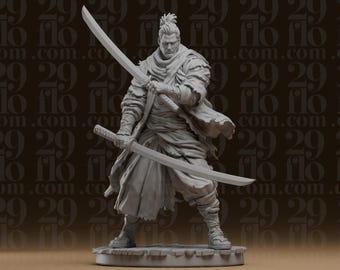 Ronin-Statue mit zwei Katanas – Japanischer Samurai-Krieger mit zwei Schwertern – Kunstharzskulptur
