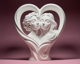 Escultura, figura o estatuilla impresa en 3D de dos mujeres enamoradas para decorar el hogar en San Valentín.
