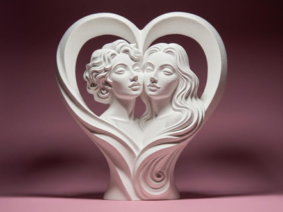 Two Women in Love Heart 3D Printed Sculpture, Figure, Statuette Home Decoration for Valentines by 29floDesign