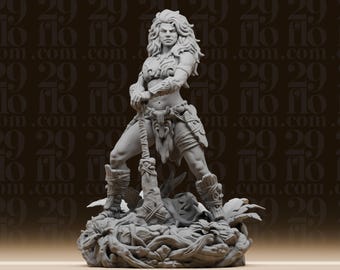 Estatua de guerrera amazona - Figura de mujer bárbara - Luchadora tribal femenina - Miniatura de la jungla fantástica - Arte de escritorio para juegos de rol