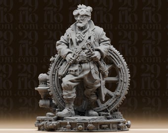 Estatua de ingeniero steampunk - Figura de mecánico industrial - Miniatura de inventor de ciencia ficción - Arte de base de engranajes