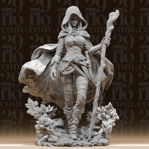 May include: A detailed grey figurine of a hooded female figure holding a staff. She wears a cloak, corset, and leggings, with a sword at her side. The figure stands on a base with sculpted foliage. The background has a repeating pattern of the number 29 and the word "flo".