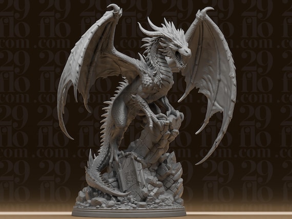 Fantasy Dragon Statue - Winged Monster Miniature - Tabletop RPG Figure - Ancient Ruin Beast - 3D Printed Resin Art by 29floDesign