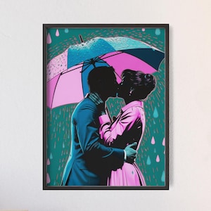Póster de pareja besándose, póster romántico, marco de madera, arte de besos, amantes del arte de pared, impresión de amor, decoración de pared para sala de estar, regalo de aniversario