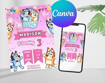 Bluey Girl Party Digital Invitation, Bluey Birthday Invitation Template, Girl Party Printable Invite, Bluey Pink Girl Party Editable Invite