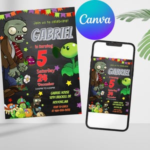 Könnte beinhalten: Eine schwarz-grüne Einladungskarte mit einem schwarzen Tafelhintergrund. Die Karte zeigt eine Comic-Zombiefigur und den Text "Join us to celebrate! Gabriel is turning 5. Saturday 24 December 2:00PM to 4:00PM. Gabriel House 1891 Brickell Dr Holyoke MA RSVP to Caris at 499-555-9875".