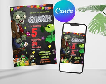 Plants vs Zombies birthday invitation, game invite, printable editable party invite template, gamer party,  party