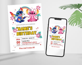 Stitch and Angel Birthday Invitation, Editable Printable Template, Beautiful Invitation for Your Little One's Birthday, Editable in Canva