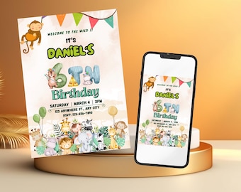 EDITABLE Safari Birthday Invitation, Wild One 1st Birthday Invite, Gold Jungle Animals invitations, Printable template Instant Download