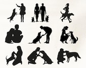 Dog & Owner Silhouette SVG | PNG | DXF Bundle, Dog Mom and Dog Dad Eps Image, Dog Memorial Art, Dogs Drawing Craft, Dog Cut File