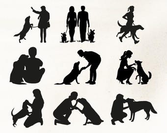 Dog & Owner Silhouette SVG | PNG | DXF Bundle, Dog Mom and Dog Dad Eps Image, Dog Memorial Art, Dogs Drawing Craft, Dog Cut File