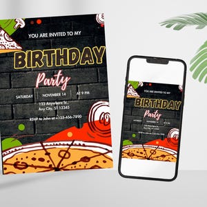 Modello di invito di compleanno per festa della pizza modificabile, inviti per feste di compleanno stampabili, modello di invito per festa di compleanno digitale, biglietto di compleanno