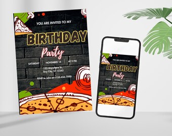 Editable Pizza Party Birthday Invitation Template, Printable Birthday Party Invitations, Digital Bday Party Invite Template Bday Card